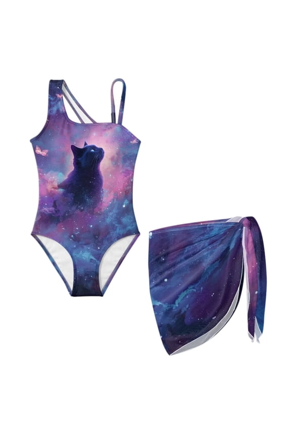 Girls One Piece Swimsuit with Mesh Cover Up Skirt Cut Out Back Design 2 in 1 Bathing Suit for Beach Party Hotel Pool, Size 7-8 Years, Black Cat Butterfly Galaxy Violet