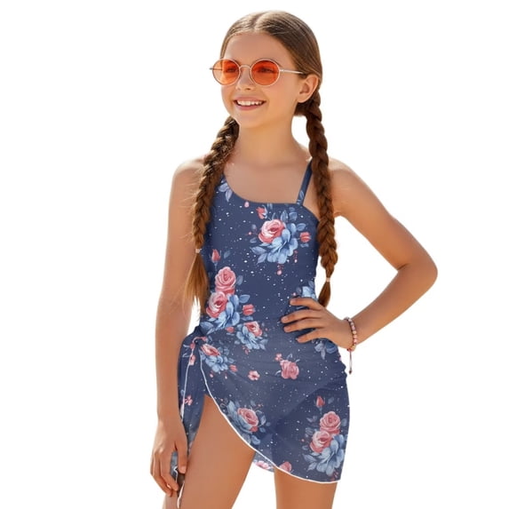 SEANATIVE Girls One Piece Swimsuit with Mesh Cover Up Skirt Cut Out Back Design 2 in 1 Bathing Suit for Beach Party Hotel Pool, Size 9-10 Years, Rose Navy Blue