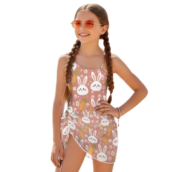 SEANATIVE Girls One-Piece Swimsuits with Mesh Cover-up Skirt One-Piece Bathing Suits Back Cutout Stylish Stretch Swimwear for Kids Teenagers, Size 11-12, Cute Rabbit Floral Easter Egg Pink