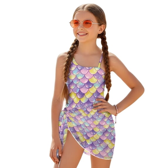 SEANATIVE Girls One-Piece Swimsuits with Mesh Cover-up Skirt One-Piece Bathing Suits Back Cutout Stylish Stretch Swimwear for Kids Teenagers, Size 7-8, Mermaid Scale Print Violet Yellow