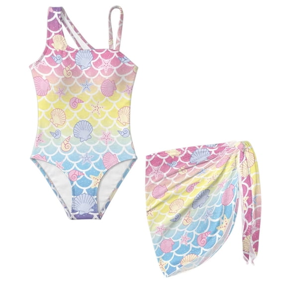SEANATIVE Girls One-Piece Swimsuits with Mesh Cover-up Skirt One-Piece Bathing Suits Swimwear for Kids Teenagers, Size 7-8, Seashell Starfish Mermaid Scale Pattern Pink Yellow Blue Gradient