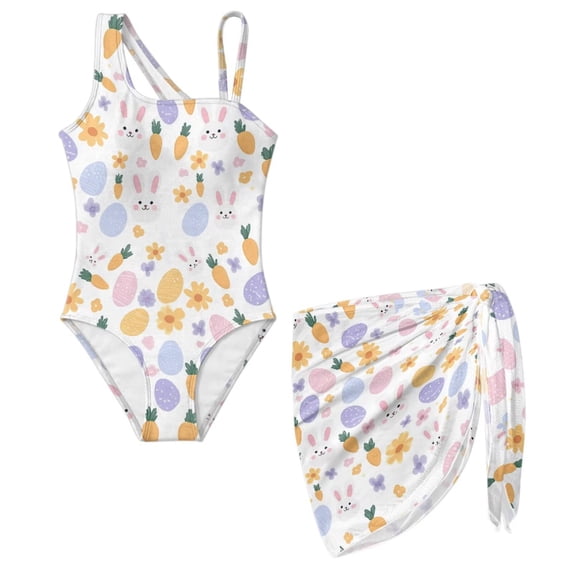 SEANATIVE Girls One Piece Swimsuits with Mesh Coverups Kid Teen Bathing Suit 2 PCS Swimwear Back Cutout Beachwear for Travel Beach Swimming Pools, Size 13-14, Rabbit Floral Easter Eggs White