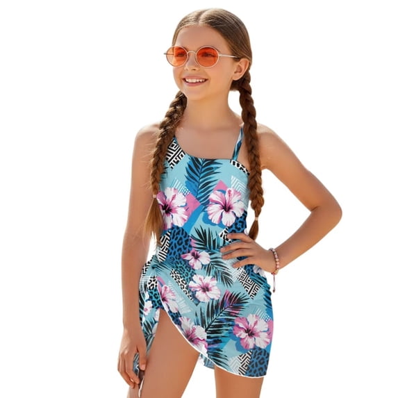 SEANATIVE Girls One Piece Swimsuits with Mesh Coverups Kid Teen Bathing Suit 2 PCS Swimwear Back Cutout Beachwear for Travel Beach Swimming Pools, Size 7-8, Hawaii Hibiscus Flower Leopard Print