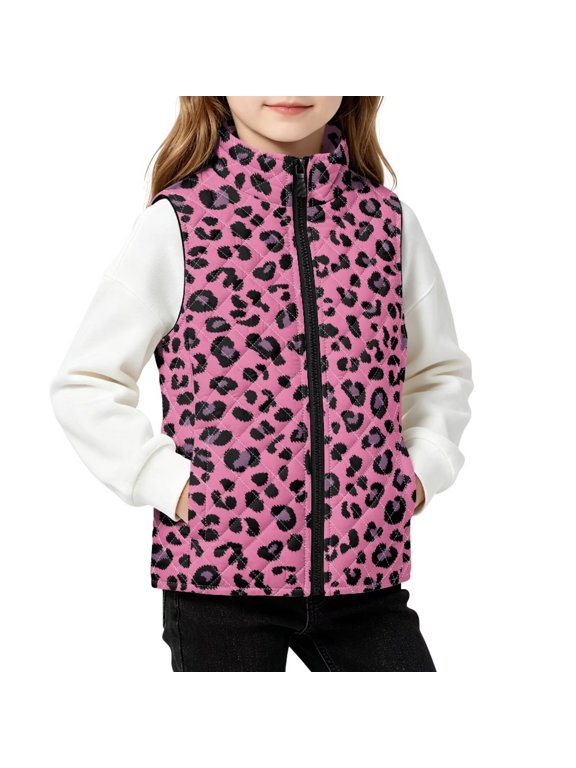 Girls Puffer Vest Sleeveless Casual Coat Leopard Print Pink