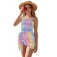 thumbnail image 1 of SEANATIVE Girls Swimsuit and Cover Up Set One Piece Bathing Suit See-through Mesh Skirt, 2 Piece Back Cut Out Design Swimwear, Size 17-18 Years, Star Heart-shaped Pattern Pink Blue Yellow, 1 of 7