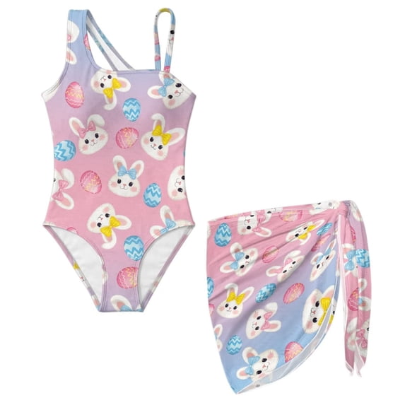 SEANATIVE Girls Swimsuits One-Piece Bathing Suit with Mesh Cover Up Skirt Lightweight Soft Swimwear Beachwear with Adjustable Strap, Size 11-12, Easter Egg Rabbit Blue Pink Gradient