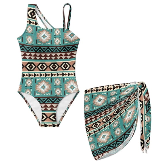 SEANATIVE Girls Swimsuits One-Piece Bathing Suit with Mesh Cover Up Skirt Lightweight Soft Swimwear Cut Out Design Beachwear with Adjustable Strap, Size 17-18, Tribal Pattern Teal