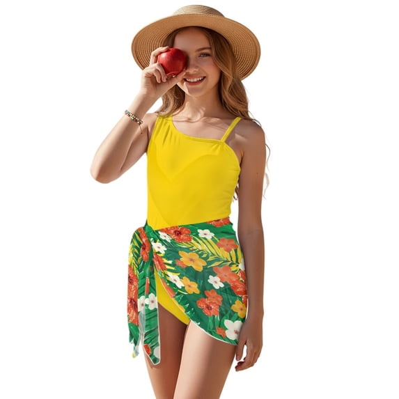 SEANATIVE Girls Swimwear Set One Piece Swimsuit with Swim Cover Ups Stylish Cut Out Bathing Suit for Vacation Beach Summer Holiday, Size 17-18, Hawaii Hibiscus Frangipani Flower Yellow