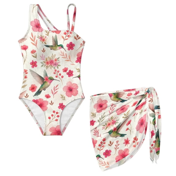 SEANATIVE Girls Swimwear Set One Piece Swimsuit with Swim Cover Ups Stylish Cut Out Bathing Suit for Vacation Beach Summer Holiday, Size 17-18, Hummingbird Floral Pink Beige