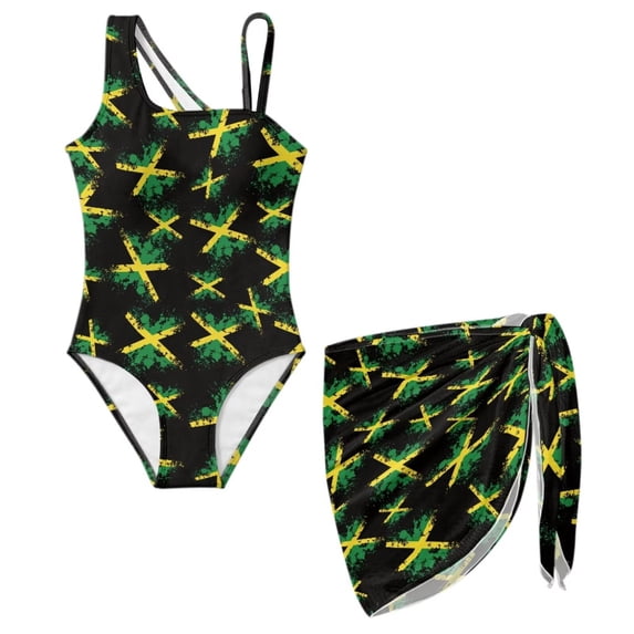 SEANATIVE Girls Swimwear Set One Piece Swimsuit with Swim Cover Ups Stylish Cut Out Bathing Suit for Vacation Beach Summer Holiday, Size 17-18, Jamaican Flag Pattern Black Green