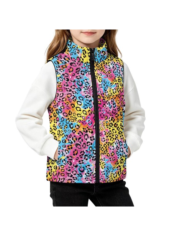 Girls Zip Up Padded Vest Leopard Print Rainbow