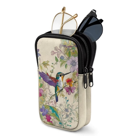 SEANATIVE Glasses Case Water-Resistant Neoprene Eyeglass Case with 2 Compartments, Shockproof Zipper Eyewear Bag Pouch Lightweight Sunglasses Pouch for Women, Hummingbird Floral Beige