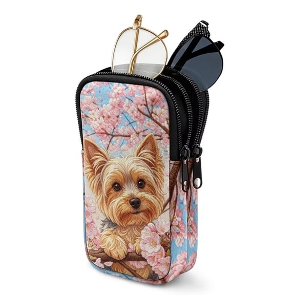 SEANATIVE Glasses Case Water-Resistant Neoprene Eyeglass Case with 2 Compartments, Shockproof Zipper Eyewear Bag Pouch Lightweight Sunglasses Pouch for Women Men, Yorkie Dog Pink Flower