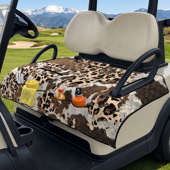 SEANATIVE Golf Cart Accessories Universal Golf Cart Seat Covers Portable Foldable Design, Anti-Scratch Non-Slip Club Car Front Seat Blanket Towel Machine Washable, Leopard Cow Print Beige Brown