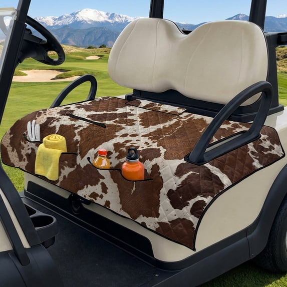 SEANATIVE Golf Cart Seat Cover, Universal for 2-Seater Club Car DS/Precedent, Portable Lightweight Golf Cart Bench Seat Covers with 4 Storage Pockets, Brown Cow Print
