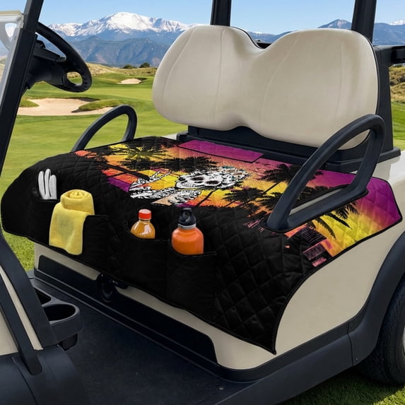 SEANATIVE Golf Cart Seat Cover, Universal for 2-Seater Club Car DS/Precedent, Portable Lightweight Golf Cart Bench Seat Covers with 4 Storage Pockets, Female Skeleton Palm Tree Sunset Print