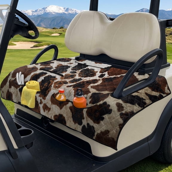 SEANATIVE Golf Cart Seat Cover, Universal Front Seat Blanket with Storage Pockets, Non-Slip Golf Cart Cushion Cover Protector Fits for EZGO Club Car Yamaha, Easy Install, Cow Print Brown Black