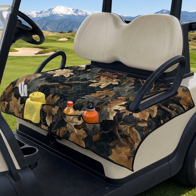 SEANATIVE Golf Cart Seat Covers for 2 Person Seats, Dust-proof Golf Cart Seat Blanket with 4 Pockets for EZGO Club Car Decor Accessories, Camo Hunting Forest Black