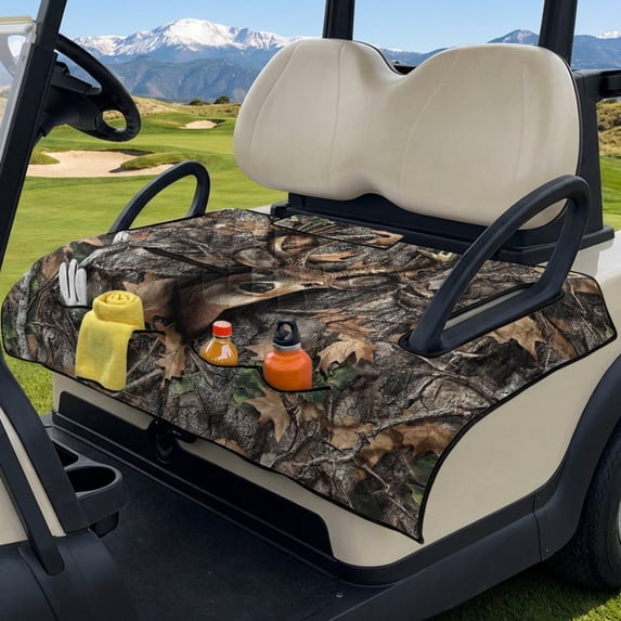 SEANATIVE Golf Cart Seat Covers Universal Fit for EZGO TXT/Club Car/Yamaha, Heavy Duty Polyester Golf Cart Seat Towel Blanket with 4 Pockets, Deer Camo Hunting Forest