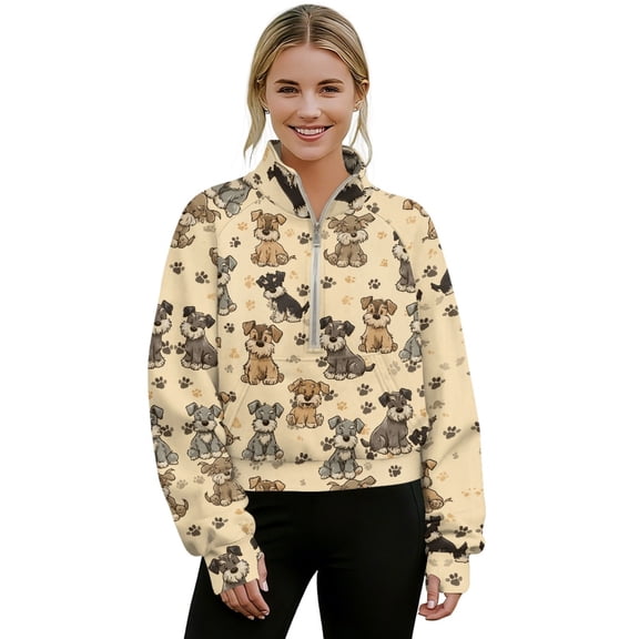 SEANATIVE Half Zip Cropped Sweatshirt for Women Loose Graphic Pullover Thumbhole Long Sleeve Sweater No Hood Top Mock Neck Pullover for Fall Winter Spring, XL, Schnauzer Dog Paw Beige