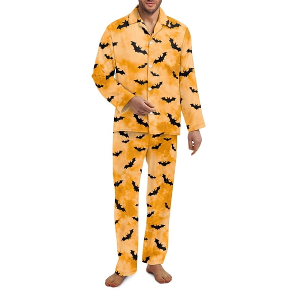 SEANATIVE Halloween Bat Button Up Pajamas for Men Tie Dye Long Sleeve Top and Pants Loungewear 2 Piece Plus Size Night Suits Men Pajama Set with Pockets Pj Serts Size S