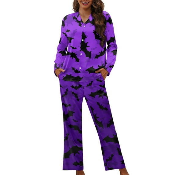 SEANATIVE Halloween Button Up Pajamas for Women Purple Bat Long Sleeve Women Pjs Soft Night Suits Women Pajama Set 2 Piece Womens Pajama Sets Pants with Pockets Size 2XL