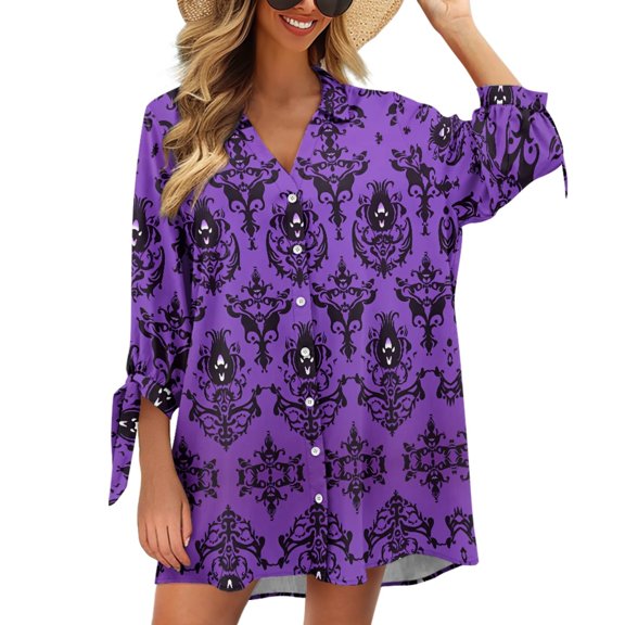 SEANATIVE Halloween Ghost 3/4 Sleeve Cardigan Shirt for Women Purple Plus Size Cardigan for Women 2XL T Shirt Cardigan for Women Lightweight Button Down Shirts