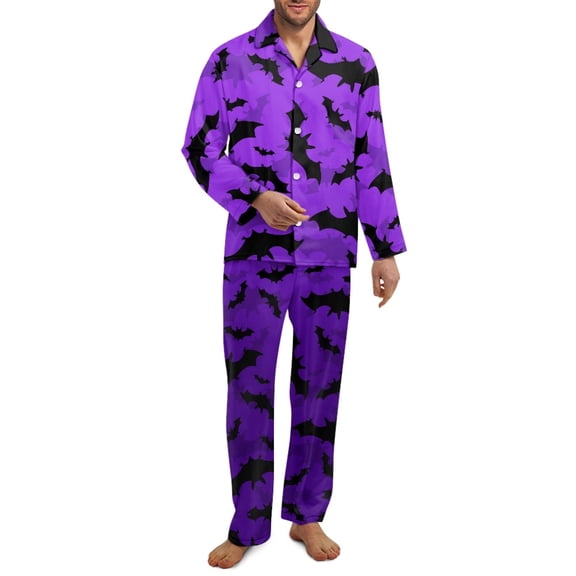 SEANATIVE Halloween Pajama Pants Men 2 Piece Purple Bats Sleepwear Pajamas Set for Men Size Small Long Sleeve Top and Pants Loungewear Crew Neck Men Pajamas Set