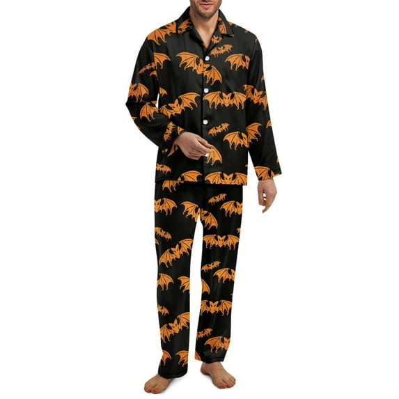 SEANATIVE Halloween Pajamas Men Button Down Pajamas Set Size M Orange Bats Long Sleeve Top and Pants Loungewear 2 Piece Daily Loungewear with Pockets Pajama House Wear