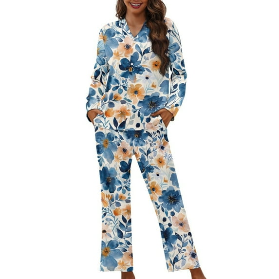 SEANATIVE Hibiscus Flower Button Up Pajamas for Women Aesthetic Womens Button Down Pajama Sets Size 4XL Women Loungewear Set Winter Long Sleeve Sleepwear Pajamas 2 Piece