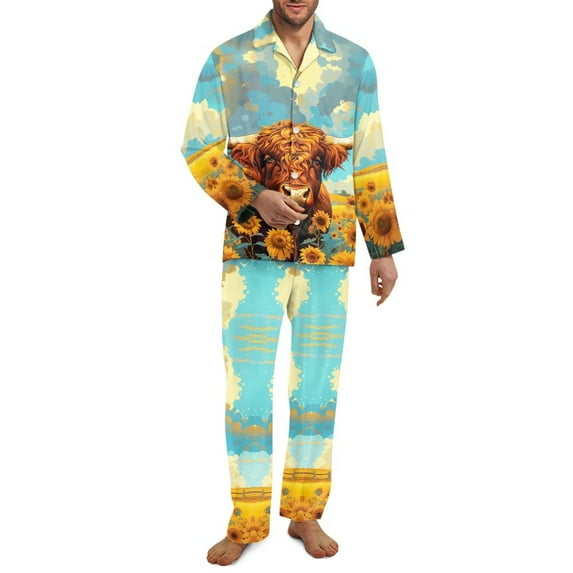 SEANATIVE Highland Cow Pajama Set Tops and Pants Size 2XL Sunflower Long Sleeve Pjs for Men Daily Loungewear Clothes Sleepwear with Pockets Soft Button Up Pajamas for Men