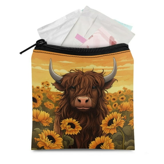SEANATIVE Highland Cow Sunflower Sanitary Napkin Storage Bag for Women 2pcs Feminine Care Period Bags for Teen Girls Small Cosmetic Travel Bag Pouch Coin Purse with Zipper