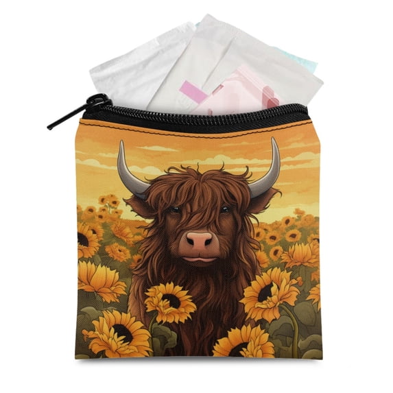 SEANATIVE Highland Cow Sunflower Sanitary Napkin Storage Bag for Women Feminine Care Period Bags for Teen Girls Small Cosmetic Travel Bag Pouch Coin Purse with Zipper