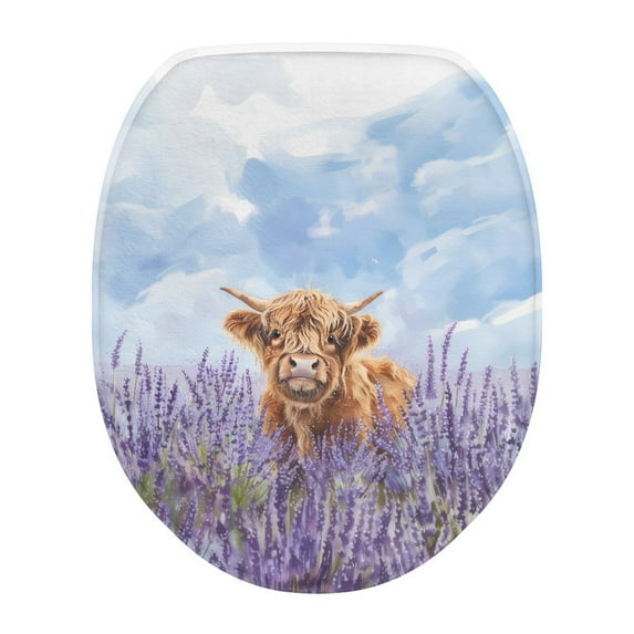SEANATIVE Highland Cow Toilet Seat Lid Cover Lavender Floral Toilet Seat Covers with Elastic Edge Reusable Elongated Toilet Lid Covers Soft Toilet Protector Cover