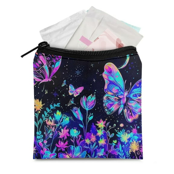 SEANATIVE Hippie Floral Butterfly Sanitary Napkin Storage Bag for Women Portable Period Bag for Girls Sanitary Pads Pouches with Zipper Easy to Clean Period Gifts for Girls