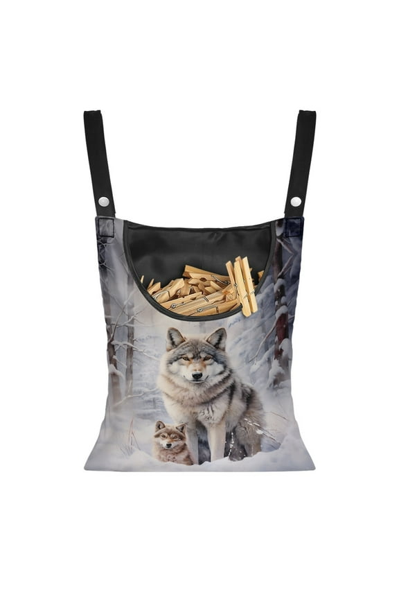 Ice Wolf Clothespin Bag with Hanging Hook Laundry Clothes Pin Holder Waterproof Clothespin Storage Organizer with Large Opening for Outdoor Wardrobe Laundry Room