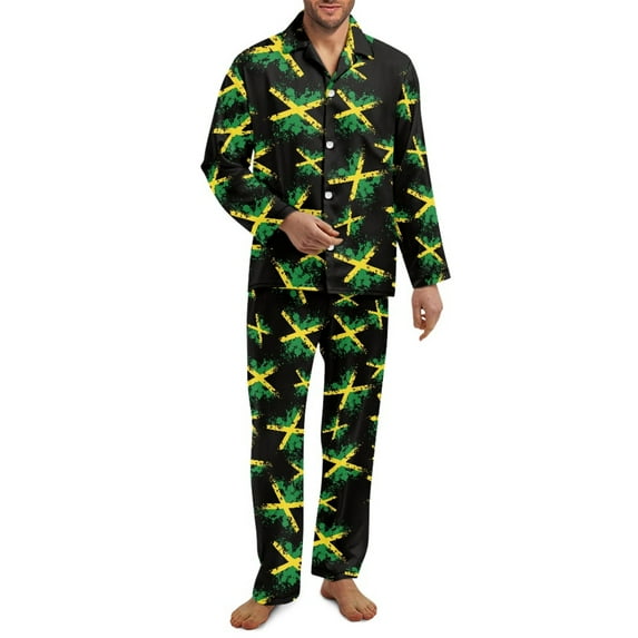 SEANATIVE Jamaica Flag Mens Long Sleeve Pajamas Set Size 3XL Big and Tall Pajamas for Mens 2 Piece Long Pants Sleepwear Sets with Pockets Button Up Pajamas Jogger Nightwear