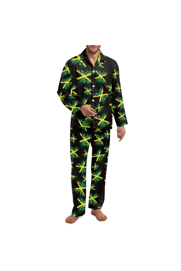 Jamaica Flag Mens Long Sleeve Pajamas Set Size XS Big and Tall Pajamas for Mens 2 Piece Long Pants Sleepwear Sets with Pockets Button Up Pajamas Jogger Nightwear