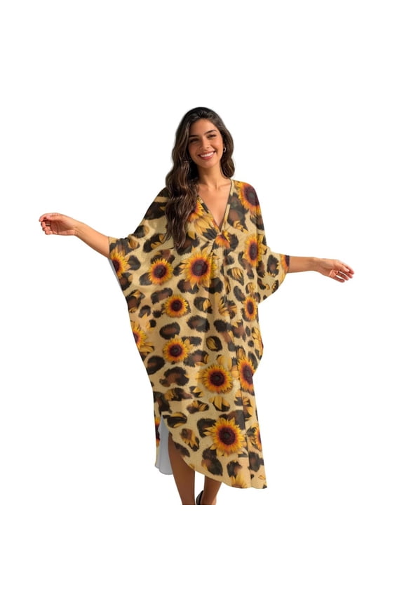 Kaftan Dress for Women Loose Fit Caftan Lightweight Beach Cover Up Kaftan Maxi Dress Soft Breathable Fabric Swimsuit Coverups for Vacation Casual, Sunflower Leopard Print