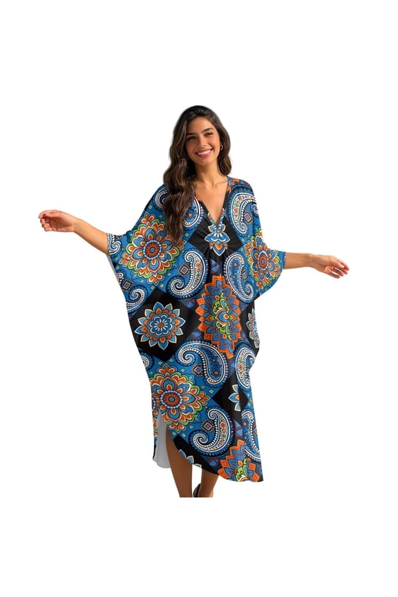 Kaftan Dresses for Women Plus Size Beach Cover Up Loose Kaftan Caftan Maxi Dress Loungewear Lightweight Flowey Coverups Tropical Dress for Summer Beach Pool, Paisley Flower