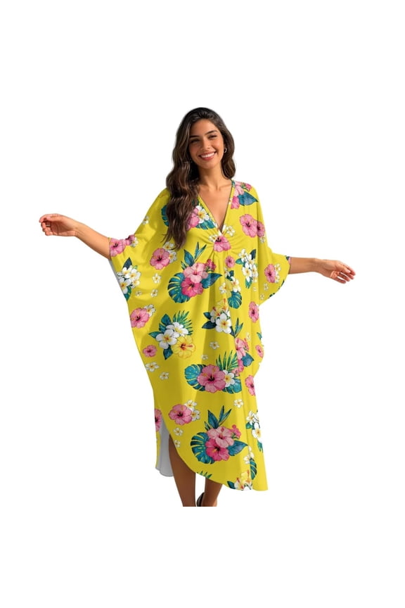Kaftan Dresses for Women V Neck Long Coverups Women Summer Caftan Coverups Dress Kimono Beach Vacation Wear Hawaiian Dresses for Holiday Trip Vacation, Hawaii Floral Pattern Yellow