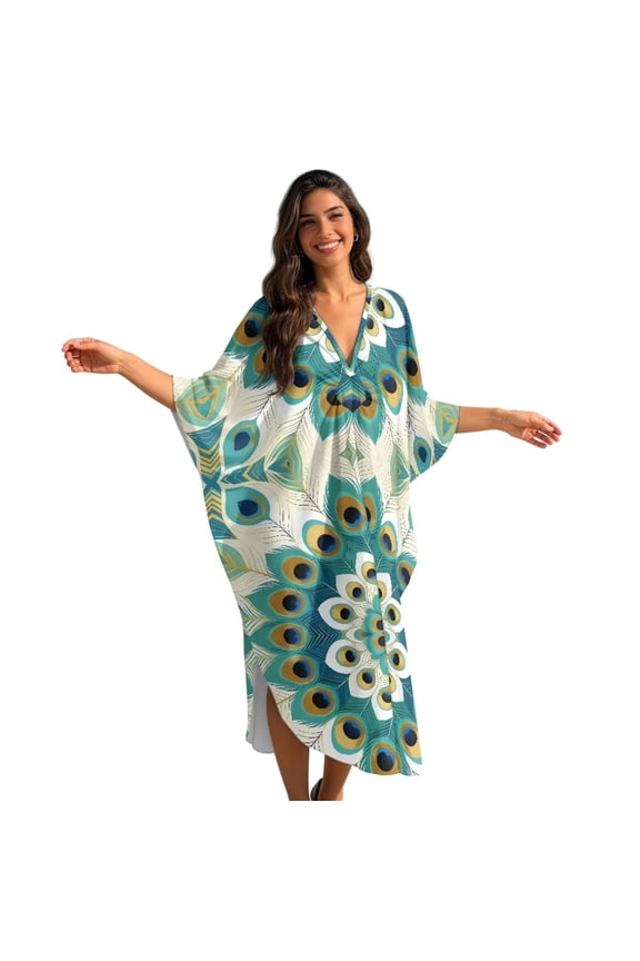 Kaftan Dresses for Women V Neck Long Coverups Women Summer Caftan Coverups Dress Kimono Beach Vacation Wear Hawaiian Dresses for Holiday Trip Vacation, Peacock Feather Print Green Beige