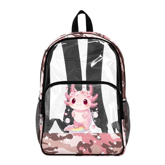 SEANATIVE Kids Clear Backpack Elementary School Transparent Bookbag See Through Daypack PVC Heavy Duty Clear Bag Children School Accessory, Axolotl Pink Camouflage Pattern