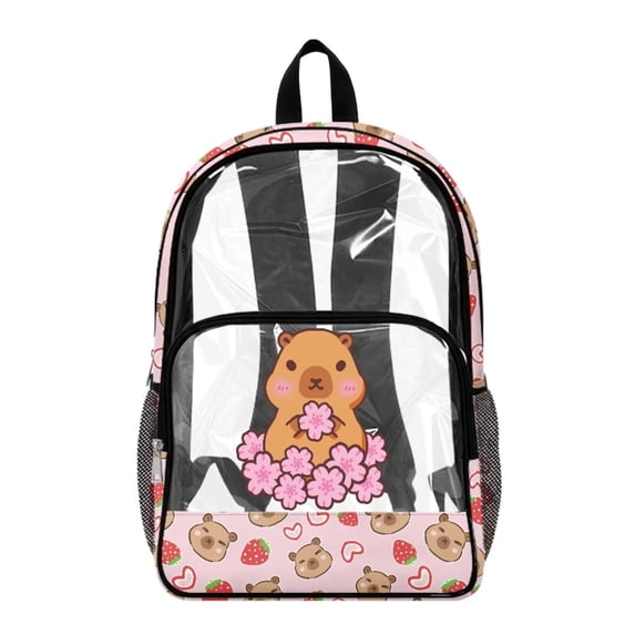SEANATIVE Kids Clear Backpack Elementary School Transparent Bookbag See Through Daypack PVC Heavy Duty Clear Bag Children School Accessory, Capybara Strawberry Cherry Blossom Pink