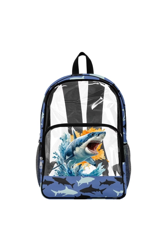 Kids Clear Backpack with Front Pocket Adjustable Straps Transparent Clear Bag Girls See Through Travel Stadium School Bags PVC Bookbag, Shark Pattern Blue