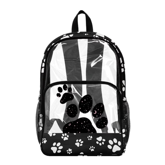 SEANATIVE Kids Clear Backpack for Girls Boys Transparent See Through School Bookbag Stylish Design Heavy Duty PVC Backpack for Travel School, Paw Pattern Black