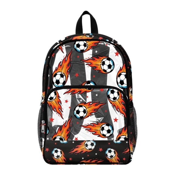 SEANATIVE Kids Clear Backpack PVC Transparent Backpacks See Through School Bookbag Lightweight Travel Clear Bag School Supplies for Boys Girls, Soccer Flame Pattern Black