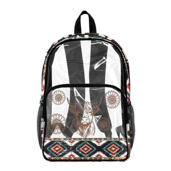 SEANATIVE Kids Clear Backpacks Transparent Bookbag Trendy School Bag with Side Pockets, Clear Bag Travel Rucksack School Supplies for Boys Girls, Aztec Highland Cow Ethnic Print