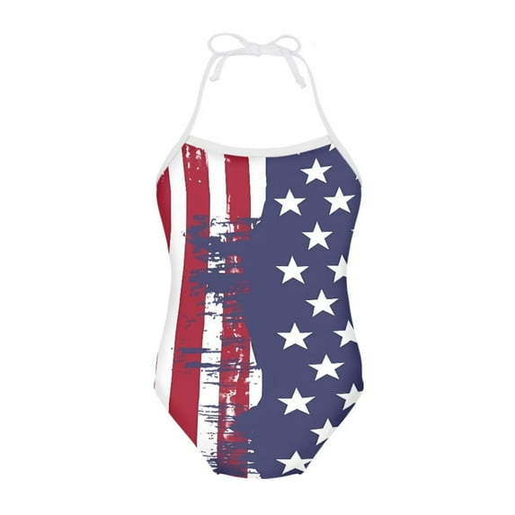 SEANATIVE Kids One Piece Bathing Suit for Girls Size 3-4 Casual Lace Up One Piece Swimsuit Quick Dry American Flag Girls Swimwear Bikini,4 of July