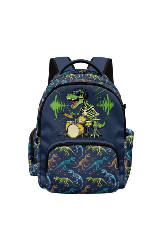 Kids School Backpack Large Capacity School Bag Bookbag with Front Pocket & Side Pockets, Adjustable Padded Straps for Boys Girls Teens, Dinosaur Skeleton Drum Set Print Dark Blue Green